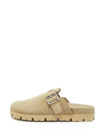Pre-owned Prada Triangle-logo Flat Mules In Neutral