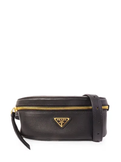 Pre-owned Prada Triangle-logo Leather Belt Bag In Black