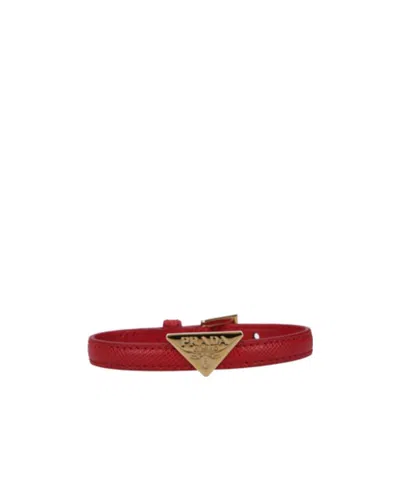 Prada Triangle-logo Leather Bracelet In Metallic