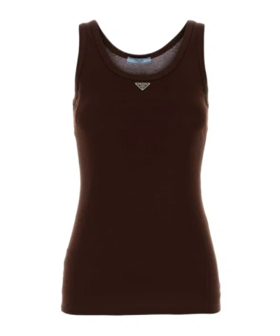 Prada Triangle-logo Ribbed-knit Tank Top In Brown