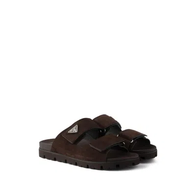 Prada Triangle-logo Suede Sandals In Brown