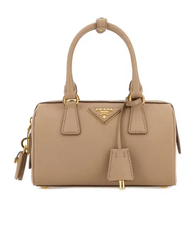 Prada Triangle-patch Zipped Tote Bag In Brown