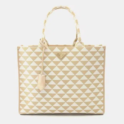 Pre-owned Prada Triangolo Jacquard Symbol Embroidery Tote Bag Canvas Beige And White In Multi