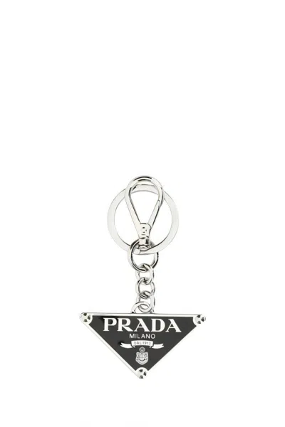 Prada Triangular Black Keyring With Polished Finish In Silver