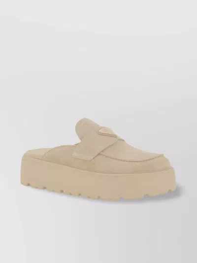 Prada Triangular Detail Suede Platform Loafers Mules In Gold