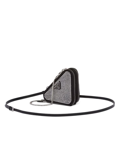 Prada Triangular Embellished Satin And Leather Mini-pouch In Crystal