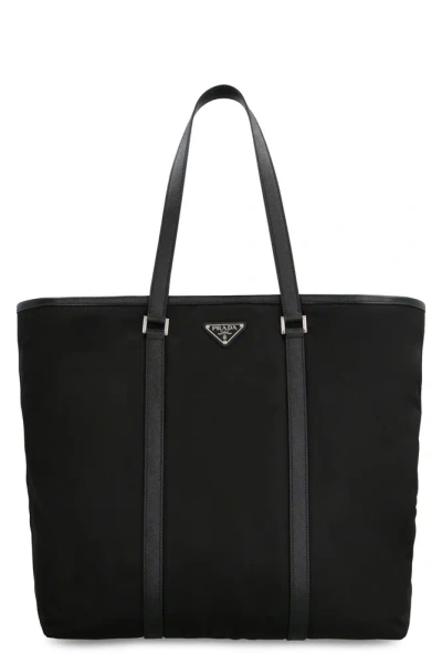 Prada Triangular Logo Plaque Tote Bag In Black