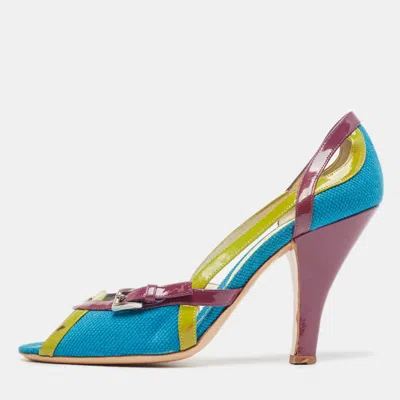 Pre-owned Prada Tricolor Canvas And Patent Leather Peep Toe Pumps Size 40.5 In Blue