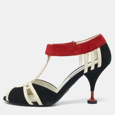 Pre-owned Prada Tricolor Leather And Suede Strappy Peep Toe Sandals Size 37.5