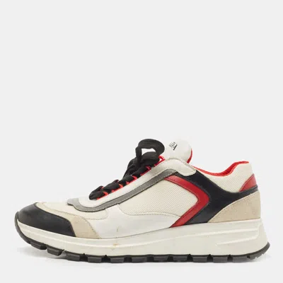 Pre-owned Prada Tricolor Mesh And Leather Low Top Sneakers Size 38 In White