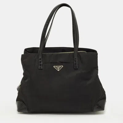 Pre-owned Prada Triple Compartment Black Nylon And Crocodile Tote