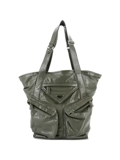 Pre-owned Prada Triple Front Pocket Leather Tall Tote Bag In Green