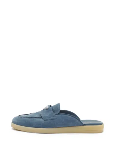 Pre-owned Prada Tropez Logo-plaque Suede Flat Mules In Blue