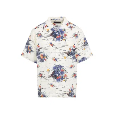 Prada Tropical Print Short-sleeved Shirt With Classic Collar In White