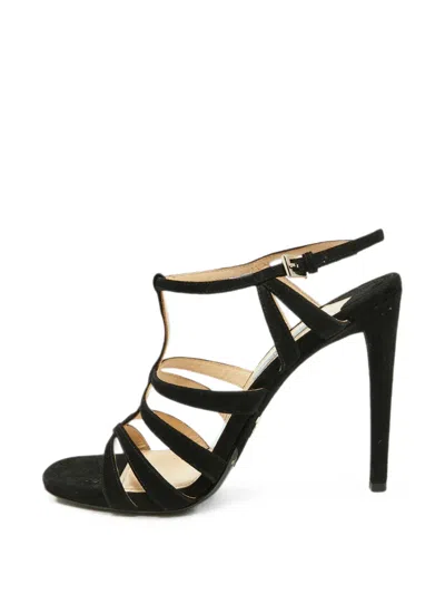 Pre-owned Prada T-strap Suede Heeled Sandals In Black