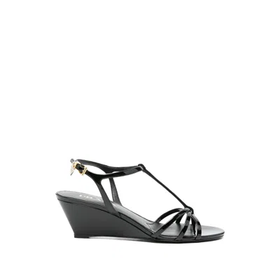 Prada T-strap Wedge Sandals In Black