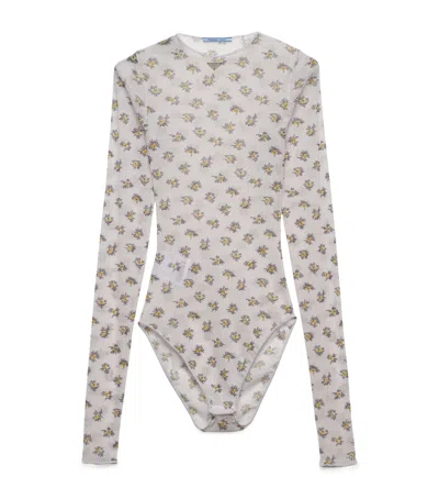 Prada Tulle Floral Bodysuit In Brown