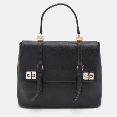 Pre-owned Prada Turn-lock Black Leather Flap Top Handle Bag
