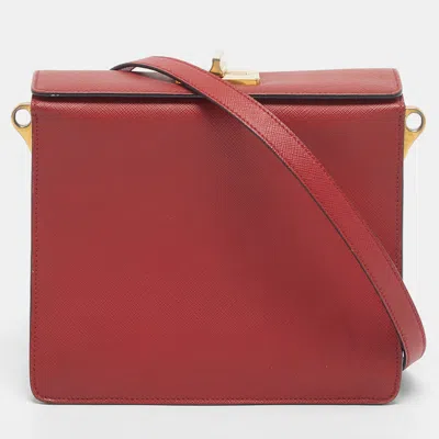 Pre-owned Prada Turnlock Box Saffiano Lux Leather Shoulder Bag In Red
