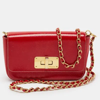 Pre-owned Prada Turn-lock Chain Red Saffiano Patent Leather Shoulder Bag