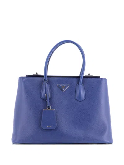 Pre-owned Prada Turnlock Cuir Twin Saffiano Leather Medium Tote Bag In Blue