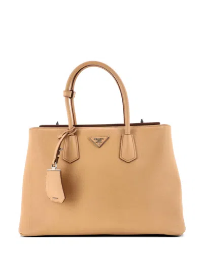 Pre-owned Prada Turnlock Cuir Twin Saffiano Leather Medium Tote Bag In Neutrals