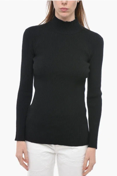 Prada Turtleneck Ribbed Wool Blend Sweater In Black