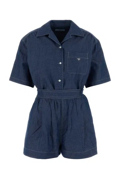 Prada Cotton-linen Chambray Jumpsuit In Blue