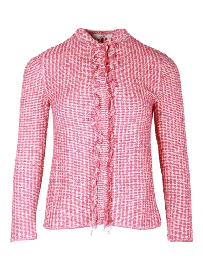 Pre-owned Prada Tweed Fringe Cardigan In Pink