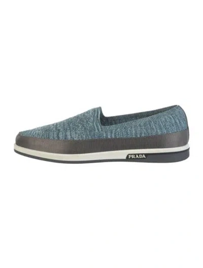 Pre-owned Prada Tweed Pattern Grosgrain Trim Loafers In Blue