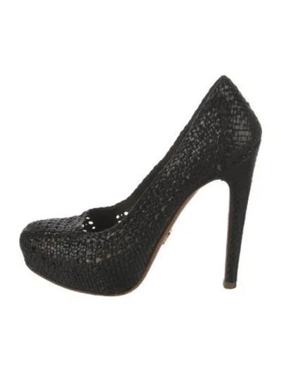 Pre-owned Prada Tweed Pattern Lasercut Accents Pumps In Black
