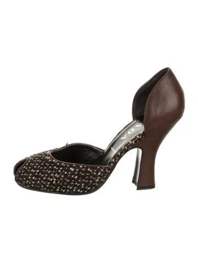 Pre-owned Prada Tweed Tweed Pattern D'orsay Pumps In Brown