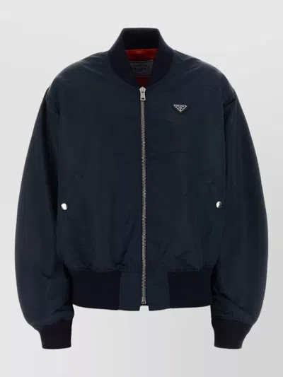 Prada Twill Bomber Jacket Ribbed Cuffs Hem Pockets In Blue