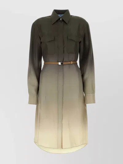 Prada Twill Shirt Dress With Belt And Pockets In Green