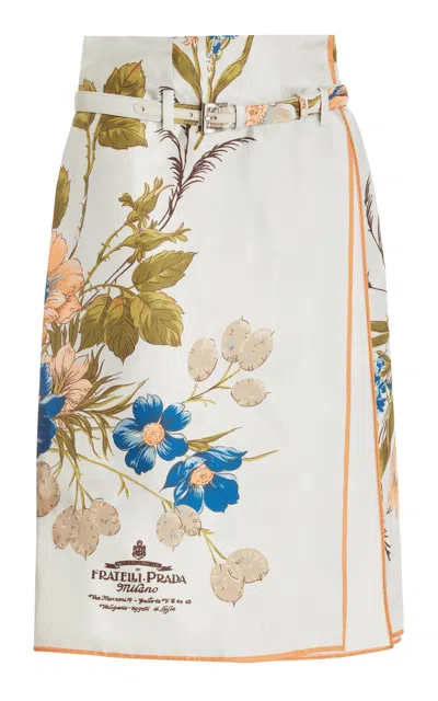 PRADA BELTED FLORAL-TWILL MIDI SCARF SKIRT