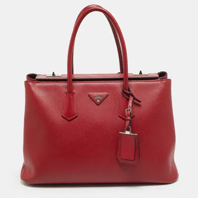 Pre-owned Prada Twin Large Red Saffiano Cuir Leather Tote