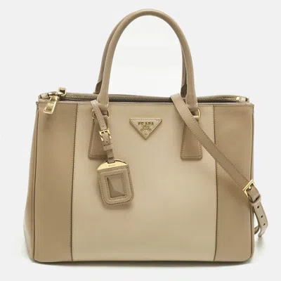 Pre-owned Prada Two Tone Beige Saffino Leather Medium Double Zip Tote In Sand