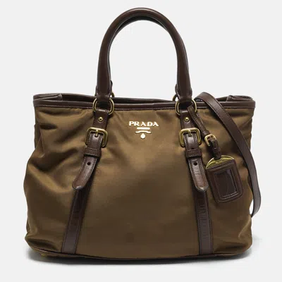 Pre-owned Prada Two Tone Brown Nylon And Leather Tote