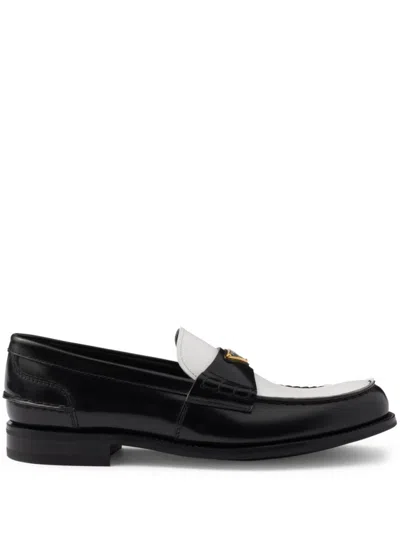 Prada Two-tone Brushed Leather Loafers In Black