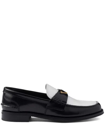PRADA TWO-TONE BRUSHED-LEATHER LOAFERS