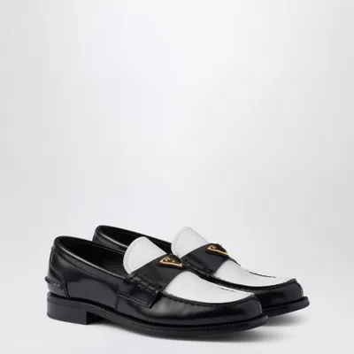 Prada Two-tone Brushed Leather Moccasin In Black