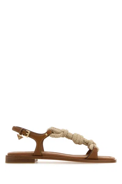 Prada Two-tone Fabric And Leather Sandals In Brown