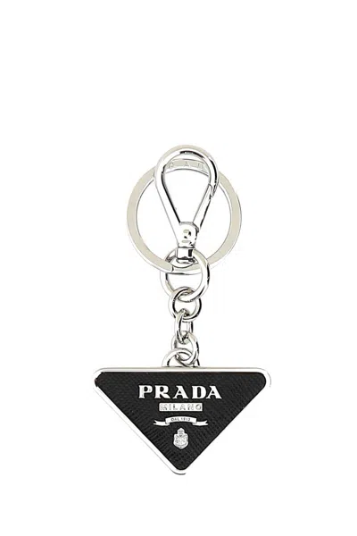 Prada Leather And Metal Keychain In Black