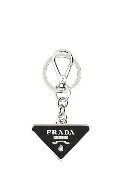 Prada Two-tone Leather And Metal Keychain In Silver