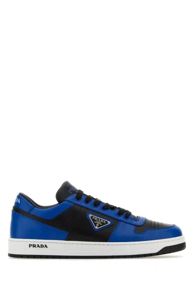 Prada Two-tone Leather Downtown Sneakers In Nerocobalto