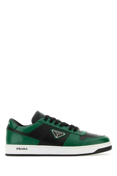 Prada Two-tone Leather Downtown Sneakers In Neroverde