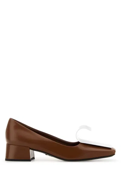 Prada Two-tone Leather Pumps In Tobacco Color/white