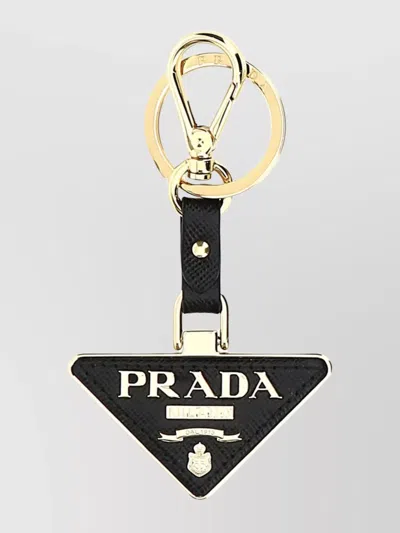 Prada Two-tone Metal And Leather Key Ring In Black