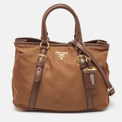 Prada Two Tone Nylon And Leather Tote In Brown