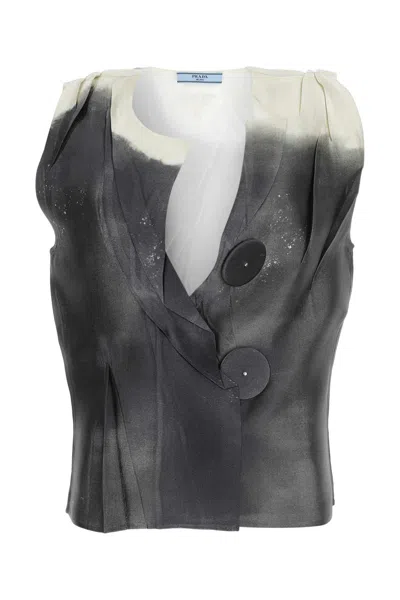Prada Print Silk Asymmetric Top In Grey